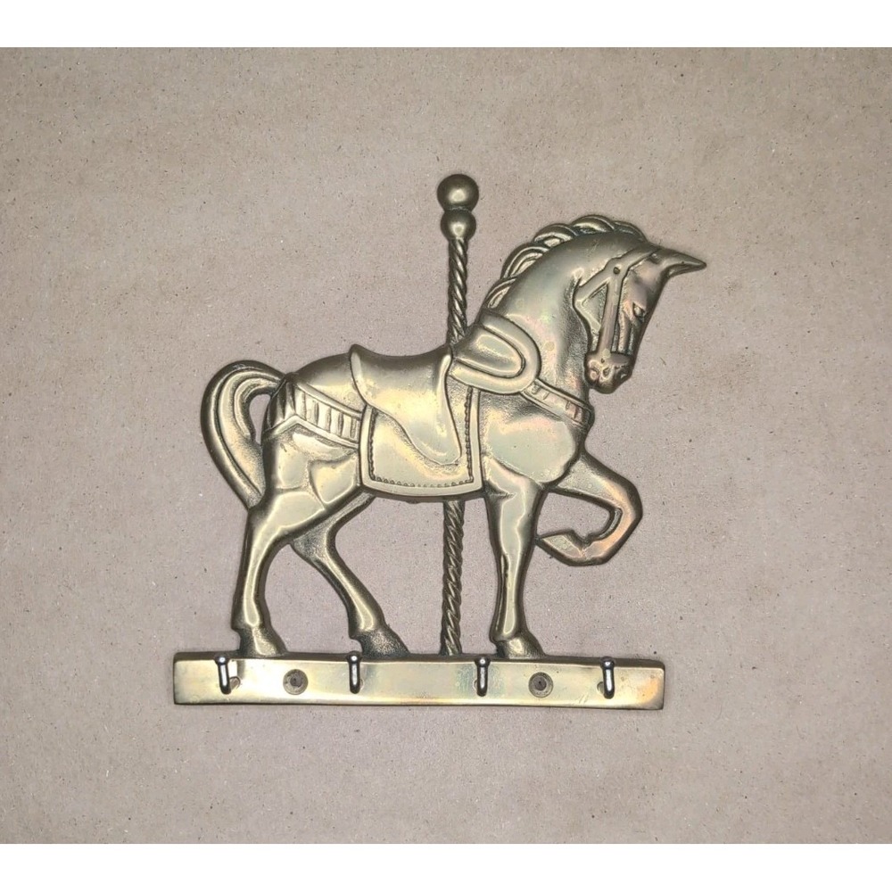 Vintage Brass Carousel Horse With 4 Hooks Key Keeper Jewelry Decor Nursery